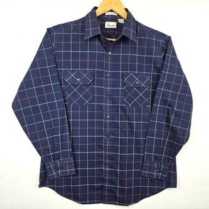 Vintage Kingsport Western Shirt Men's Size L Blue Window Pane Plaid Casual